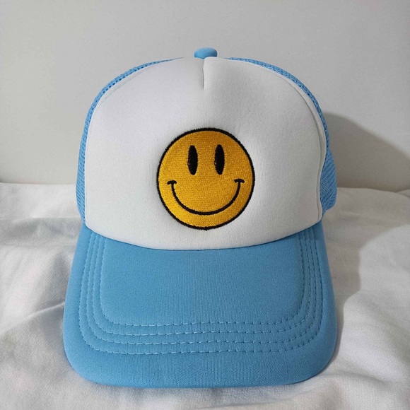 NEW SMILEY FACE TRUCKER HAT LIGHT BLUE AND WHITE - Picture 2 of 4
